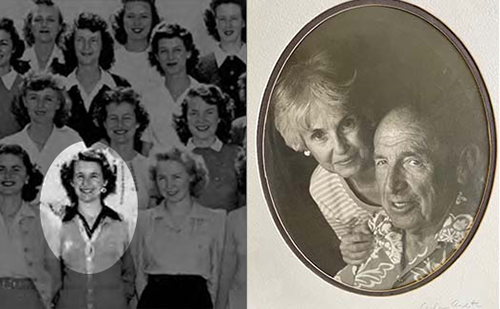 (Left) Roberta Billings posed with the Phi Sigma Nu sorority for its 1943 yearbook photo. (Right) Roberta and Donald Eidemiller in a 1995 trip to Honolulu, Hawaii.