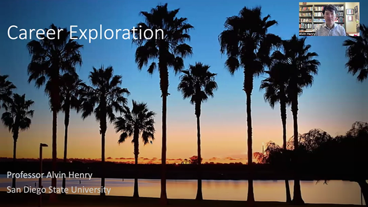 Career Exploration slide, San Diego at sunset, palm trees at the beach