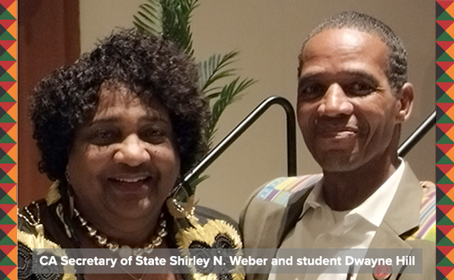 CA Secretary of State Shirley N. Weber and student Dwayne Hill
