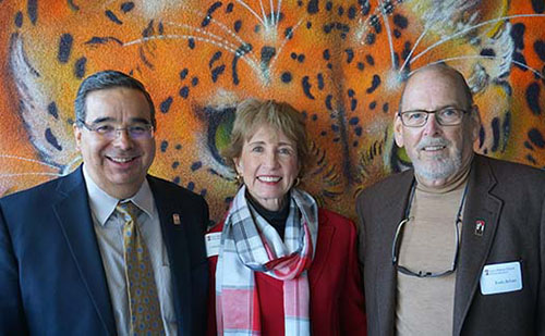 SDSU Provost Hector Ochoa and alumni Cathy Stiefel and J. Keith Behner attended an April 27 reception at the College of Arts and Letters.