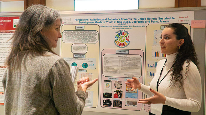 student explains research to faculty member