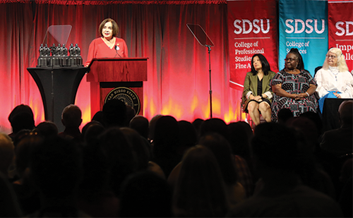 SDSU President Adela de la Torre speaks during the 2023 All-University Convocation at Montezuma Hall. 