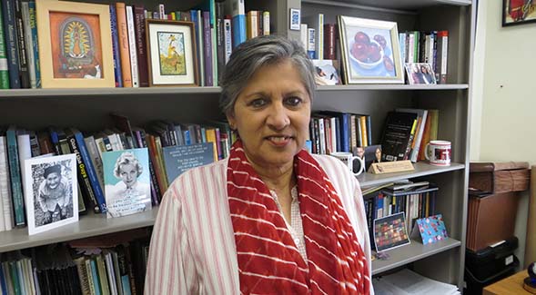 Huma Ahmed-Ghosh, professor emerita in women’s studies, shown above in her office in a 2019 photo.