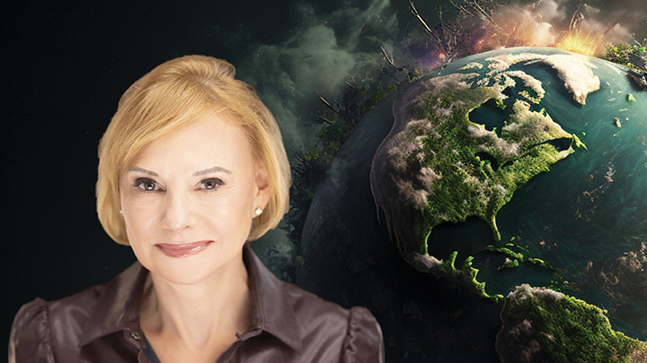 smiling wman with globe and climate change