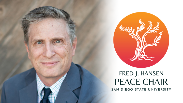 Fred J Hansen Peace Chair, San Diego State University: Olive Tree and man in suit smiling