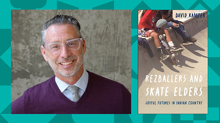 man smiling wearing glasses next to book cover Rezballers and Skate Elders