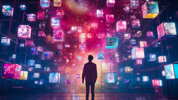 colorful box floating in air has man looks up