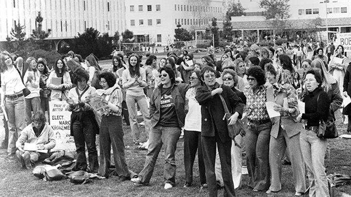 Susan B. Anthony Celebration, February, 1976. From front center to right: Ava Torre-Bueno, Carol Perkins, Pat Huckle, Carolyn Platt, Marilyn Pearsall, Marilyn Boxer. 